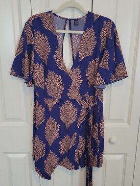 Blue Mini Wrap Dress with Peach Leaf Print